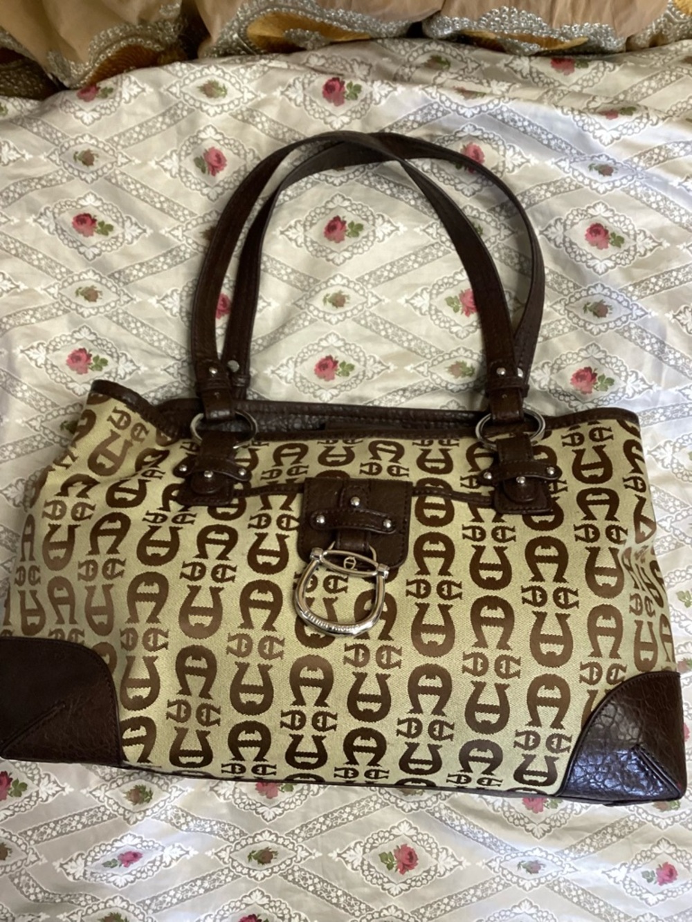 Vintage Etienne Aigner Brown and Cream Signature Tote with Buckle Detail